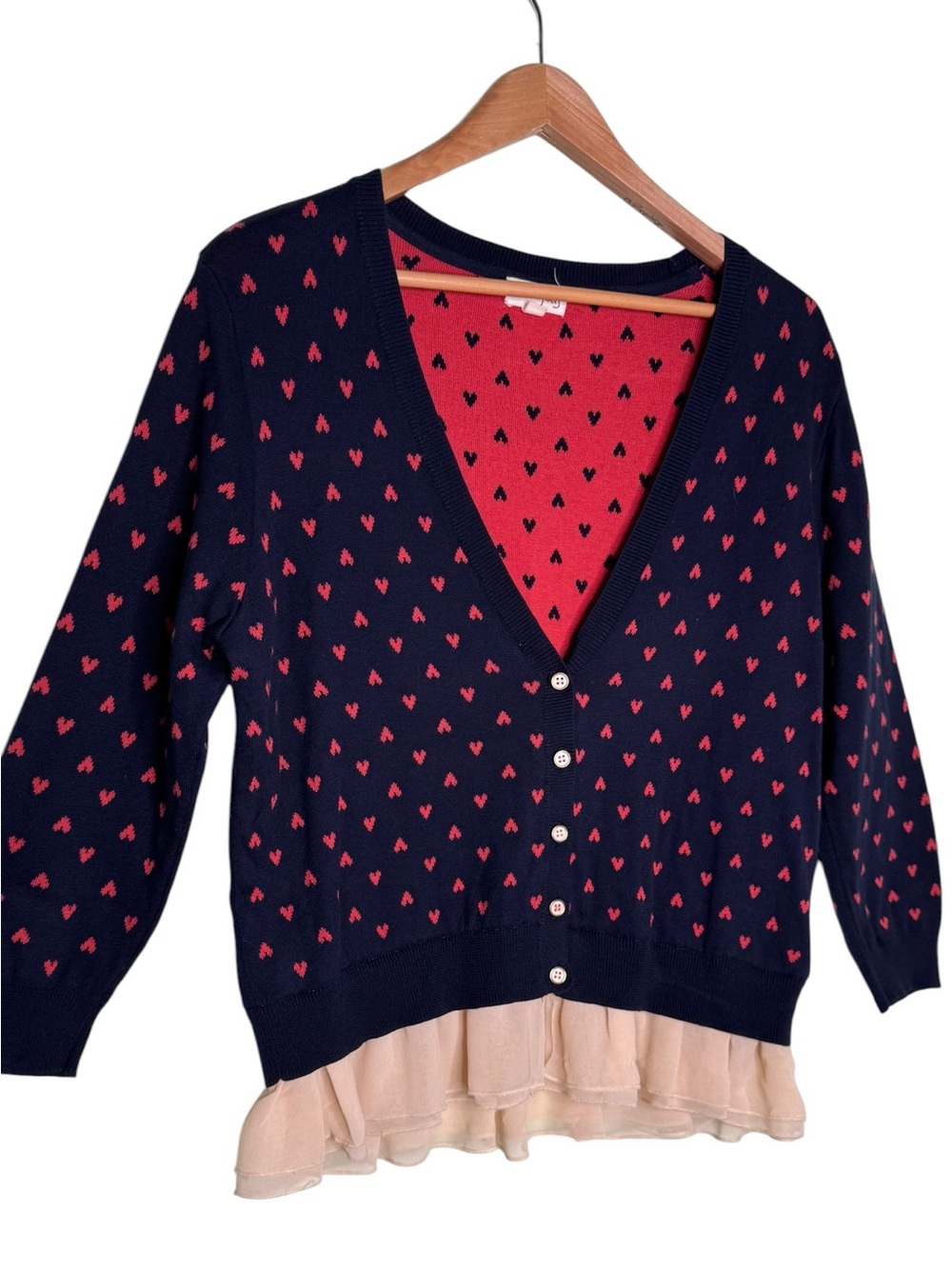 Maison Jules Cardigan Large Navy Red Heart Print Ruffle Hem V Neck Preppy